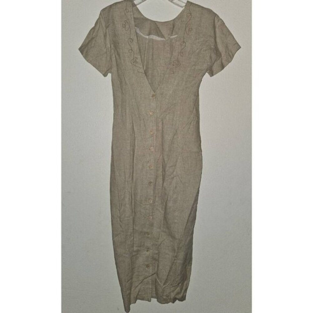VTG CDC Tan Linen Blend Long Dress Short Sleeves Deep V Buttons Size 10 NWOT